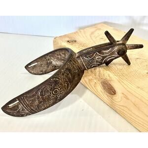 Antique Ornate Cast Iron Mexican Charro Spur Etched Decorative Western Cowboy